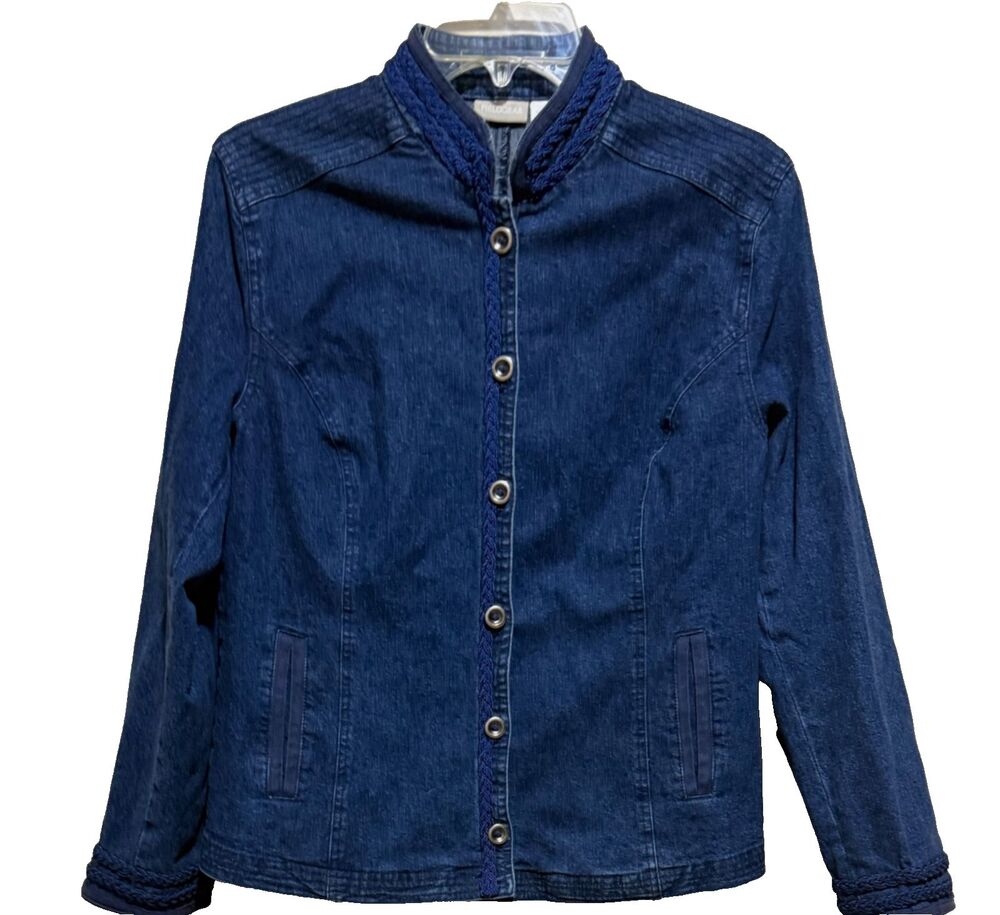 Y2K Denim Jacket Womens M Button Front Mandarin Collar Fitted Jean Fieldgear